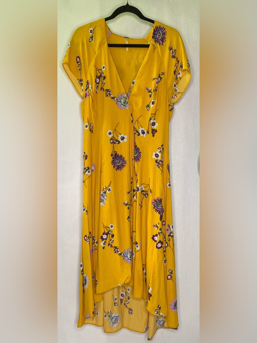Free People Mustard Yellow Floral High Low Feminine Dress Sz Lg